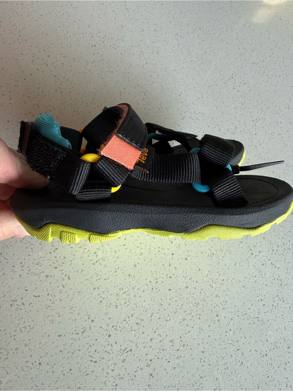 Teva Kids Black Sandals with Neon Yellow Sole and Coral Accent